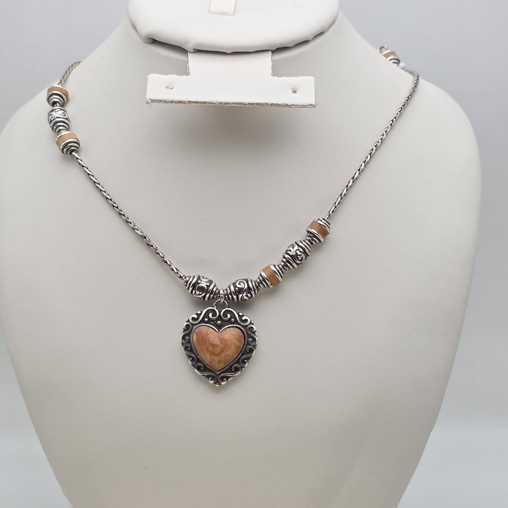 BRIGHTON 'Park Avenue' Necklace Tan‎ Leather Heart Silver Plate Wheat Chain 18"
